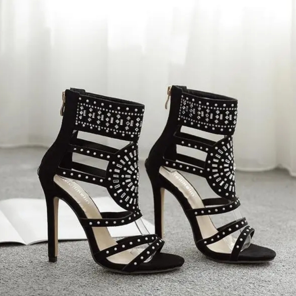 Women's Transparent Sandals Open Toe Rhinestone Design High Heel - Picture 3 of 12